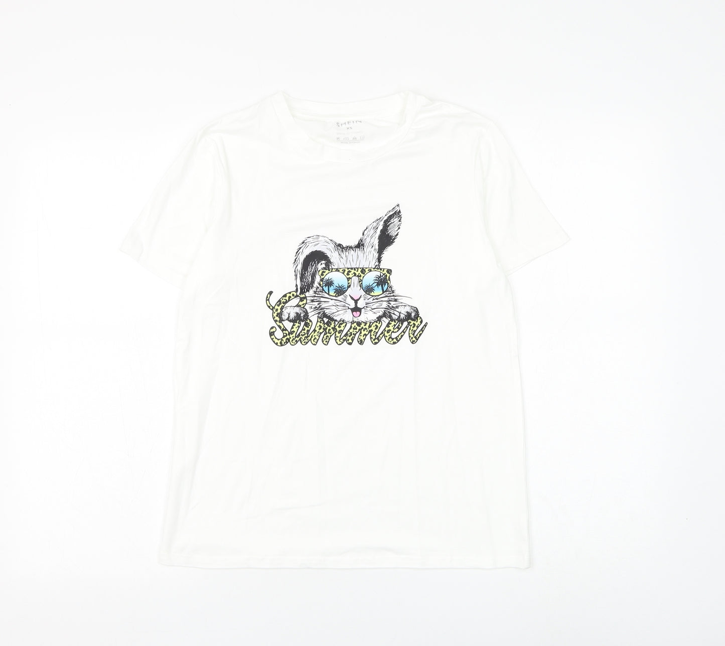 SheIn Womens White Polyester Basic T-Shirt Size XS Round Neck - Summer Rabbit