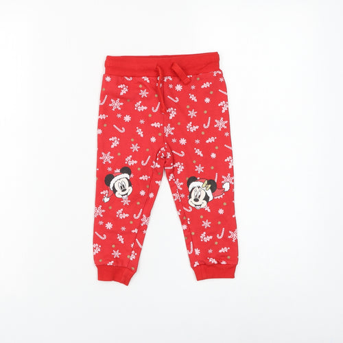 Disney Baby Girls Red Geometric Cotton Jogger Trousers Size 9-12 Months Drawstring - Mickey Mouse Christmas
