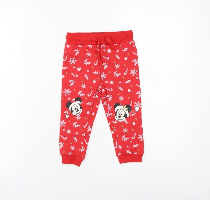 Disney Baby Girls Red Geometric Cotton Jogger Trousers Size 9-12 Months Drawstring - Mickey Mouse Christmas