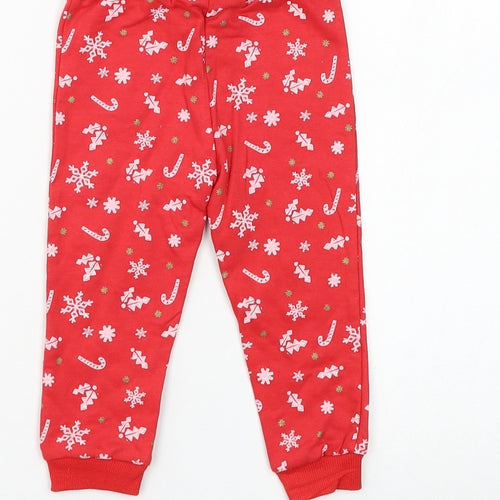 Disney Baby Girls Red Geometric Cotton Jogger Trousers Size 9-12 Months Drawstring - Mickey Mouse Christmas
