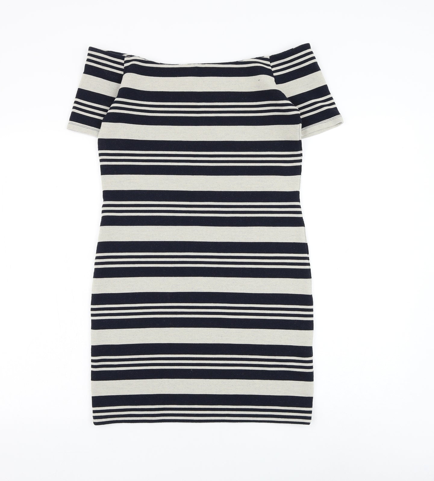 Topshop Womens Blue Striped Polyester Bodycon Size 10 Off the Shoulder Pullover