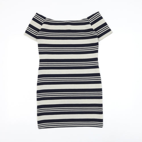 Topshop Womens Blue Striped Polyester Bodycon Size 10 Off the Shoulder Pullover
