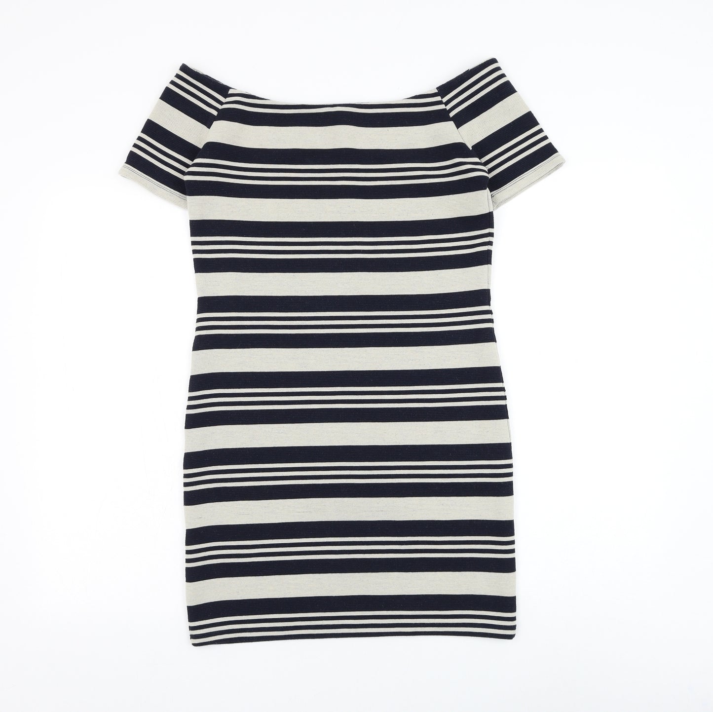 Topshop Womens Blue Striped Polyester Bodycon Size 10 Off the Shoulder Pullover