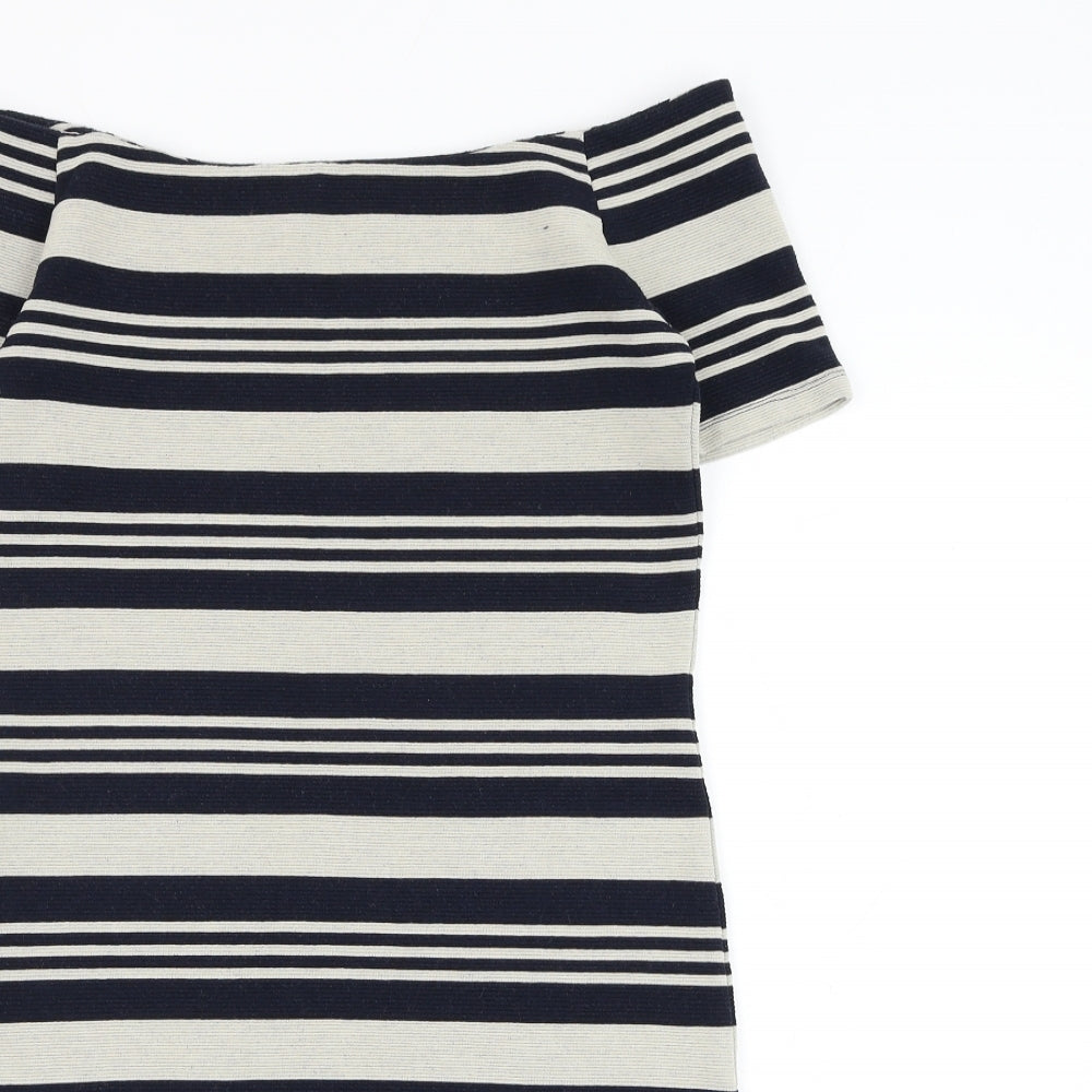 Topshop Womens Blue Striped Polyester Bodycon Size 10 Off the Shoulder Pullover