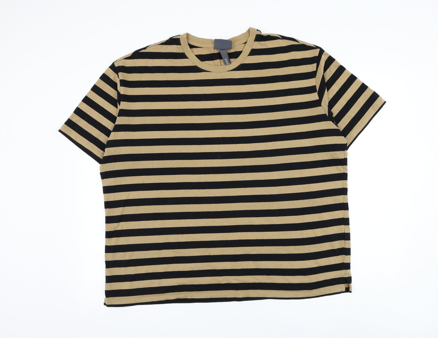 H&M Mens Brown Striped Cotton T-Shirt Size L Round Neck