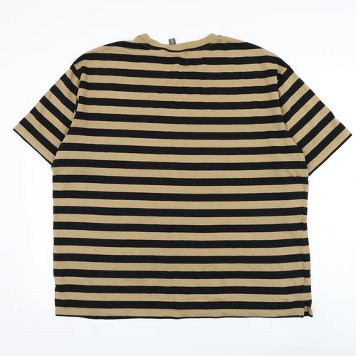 H&M Mens Brown Striped Cotton T-Shirt Size L Round Neck