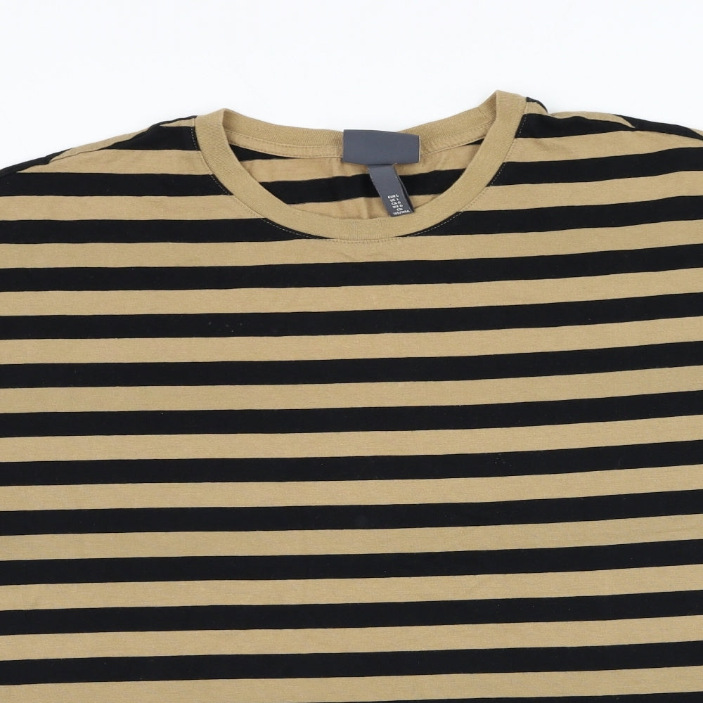 H&M Mens Brown Striped Cotton T-Shirt Size L Round Neck