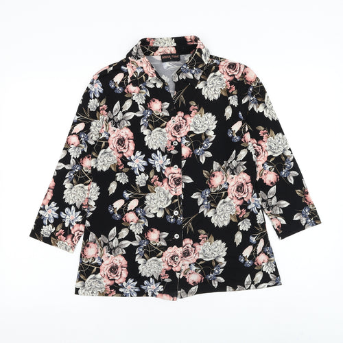 Anna Rose Womens Black Floral Plastic Basic Button-Up Size S Collared