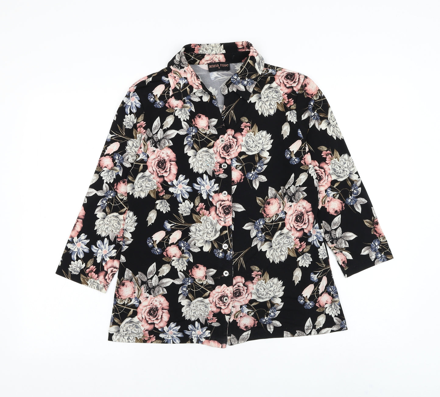 Anna Rose Womens Black Floral Plastic Basic Button-Up Size S Collared