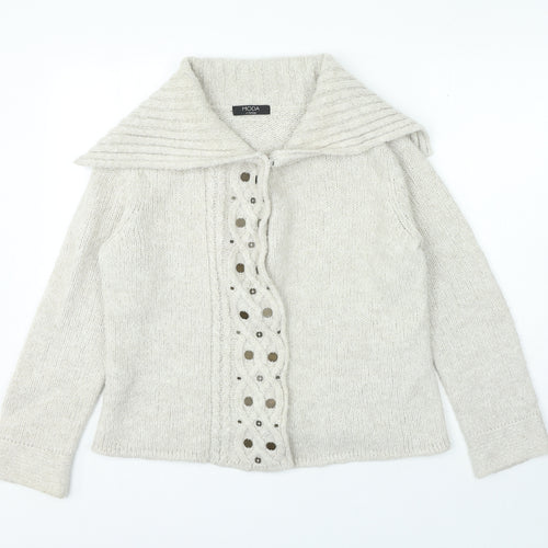 Moda Womens Beige V-Neck Acrylic Cardigan Jumper Size 14 - Snap Closure