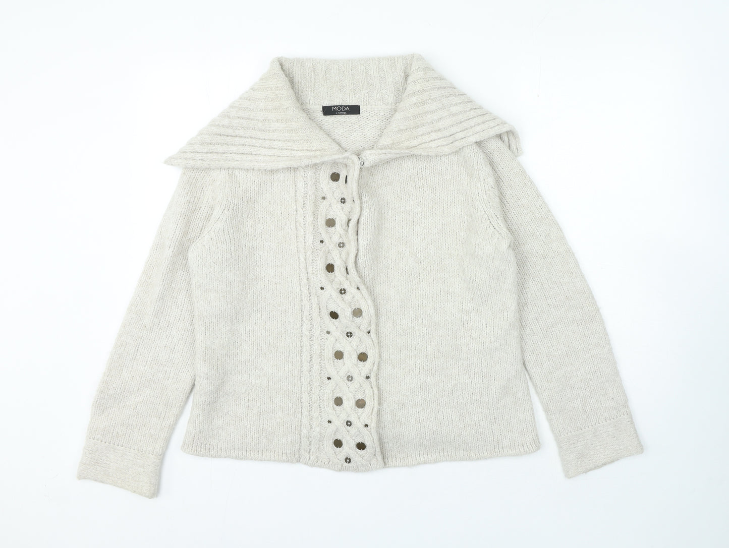 Moda Womens Beige V-Neck Acrylic Cardigan Jumper Size 14 - Snap Closure