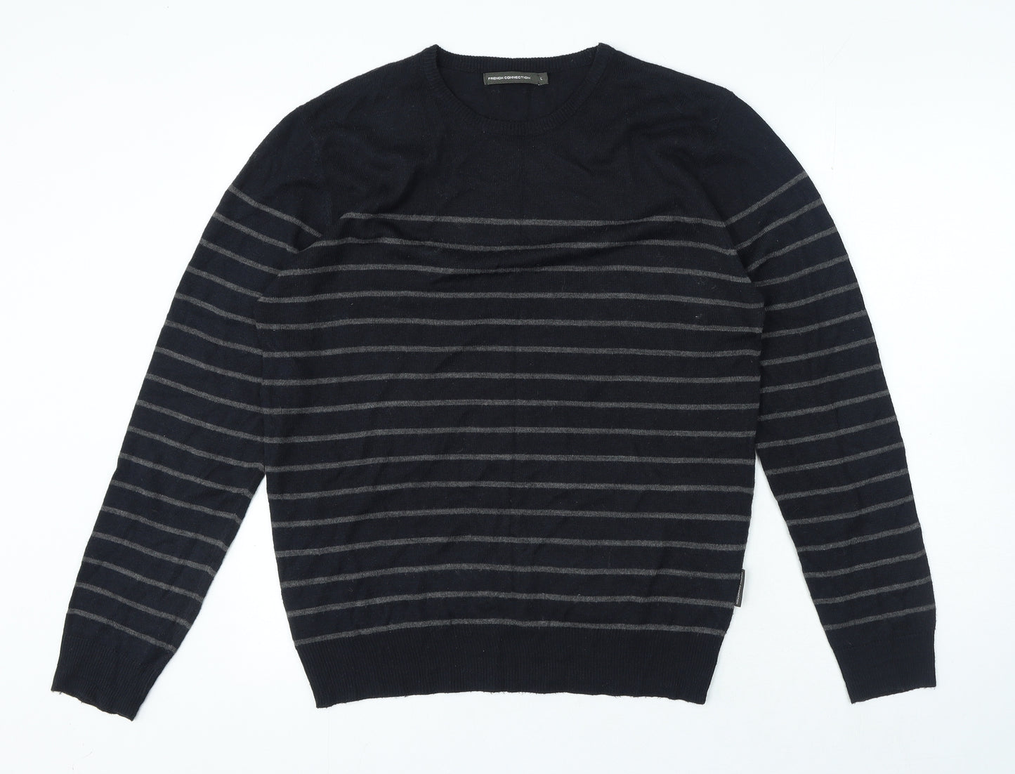 French Connection Mens Blue Crew Neck Striped Acrylic Pullover Jumper Size L