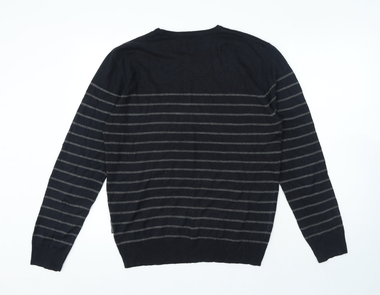 French Connection Mens Blue Crew Neck Striped Acrylic Pullover Jumper Size L