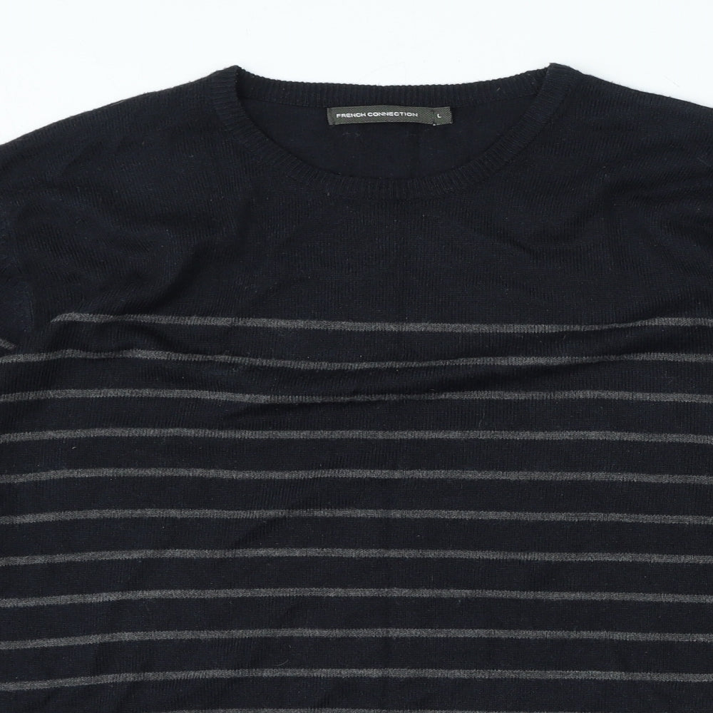 French Connection Mens Blue Crew Neck Striped Acrylic Pullover Jumper Size L