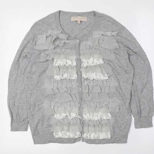 Fenn Wright Manson Womens Grey Scoop Neck Cotton Cardigan Jumper Size XL - Frill Detail
