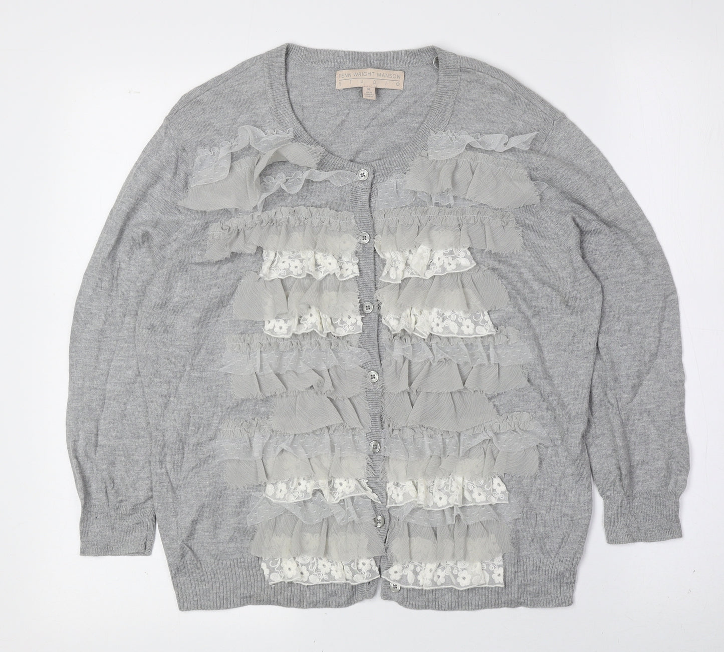 Fenn Wright Manson Womens Grey Scoop Neck Cotton Cardigan Jumper Size XL - Frill Detail