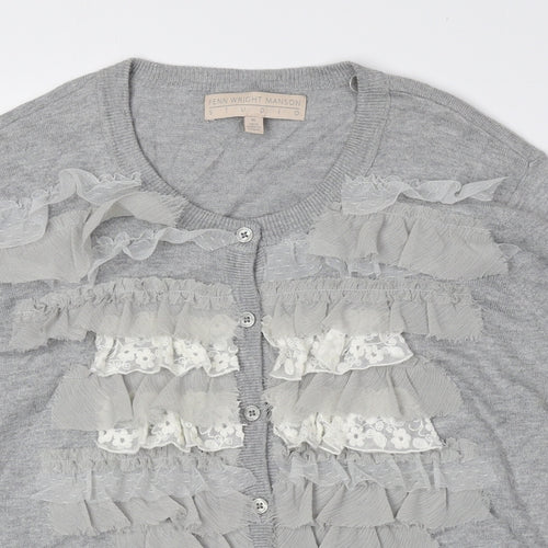 Fenn Wright Manson Womens Grey Scoop Neck Cotton Cardigan Jumper Size XL - Frill Detail