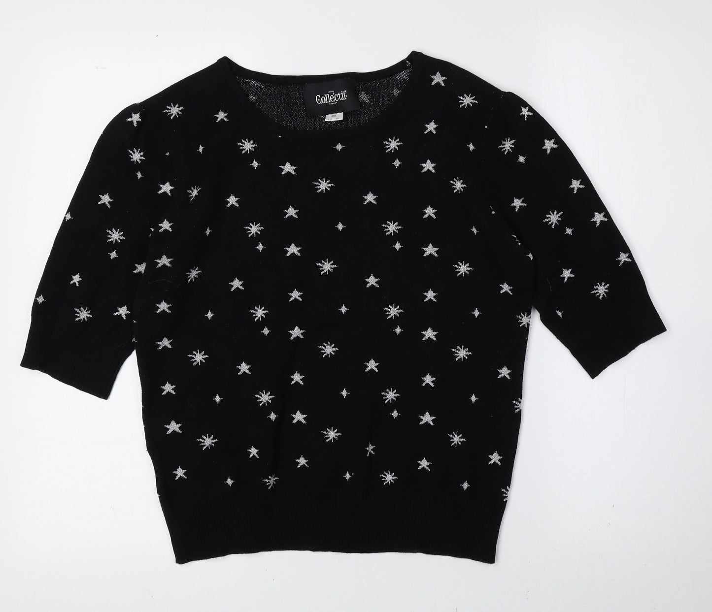 Collectif Womens Black Boat Neck Geometric Cotton Pullover Jumper Size 18 - Stars