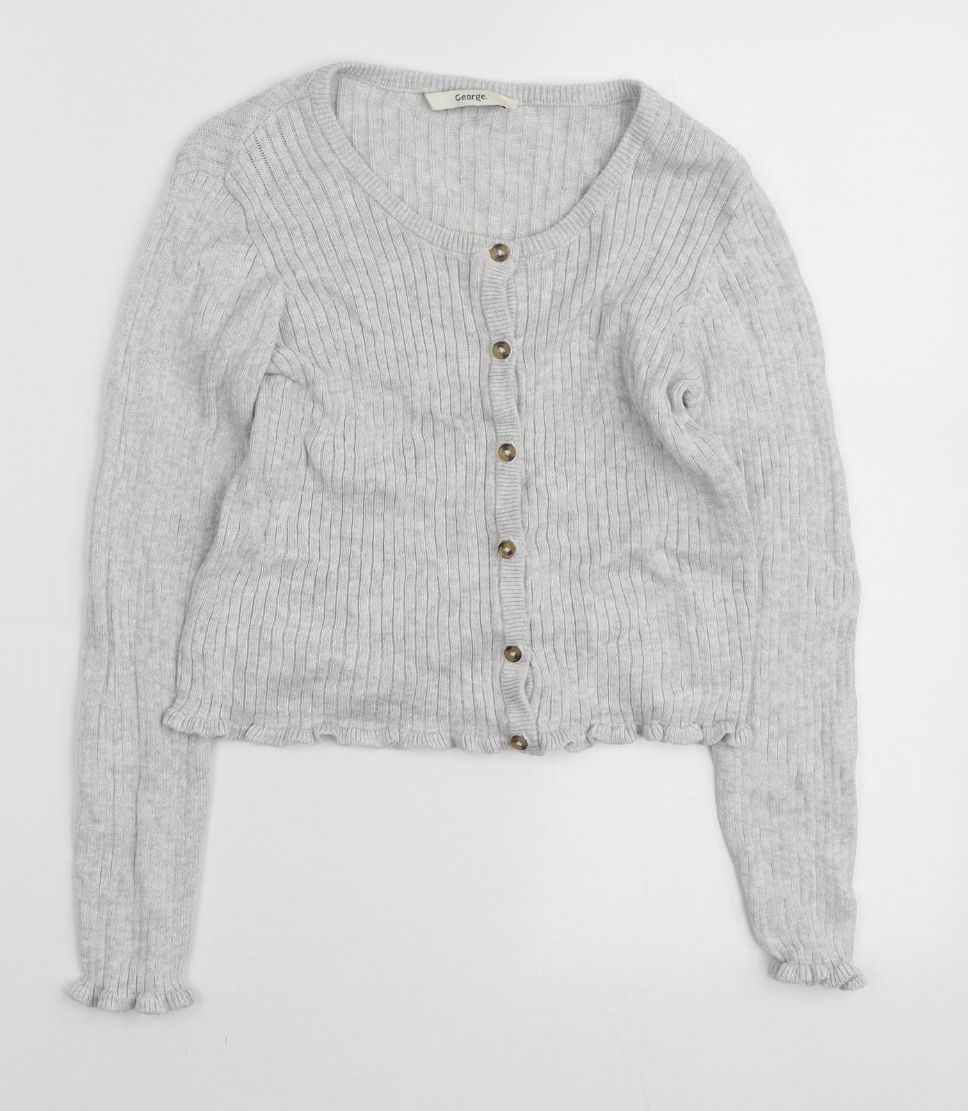 George Girls Grey Round Neck Cotton Cardigan Jumper Size 8-9 Years Button - Frill Detail
