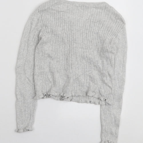 George Girls Grey Round Neck Cotton Cardigan Jumper Size 8-9 Years Button - Frill Detail