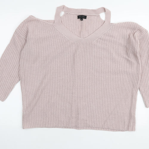 New Look Womens Pink Round Neck Acrylic Pullover Jumper Size M - Cut out shoulders