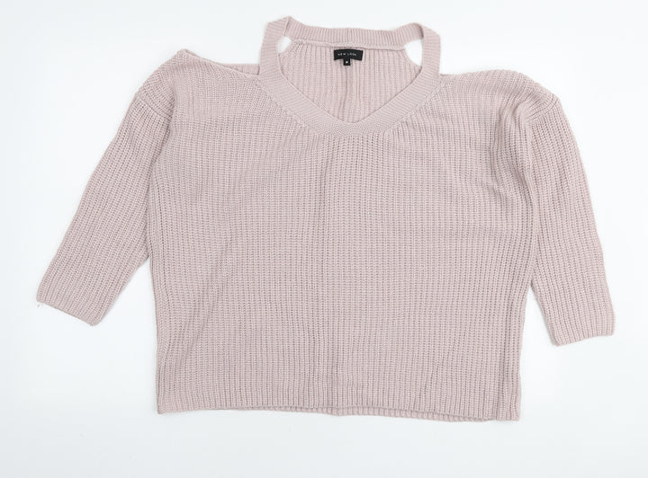 New Look Womens Pink Round Neck Acrylic Pullover Jumper Size M - Cut out shoulders