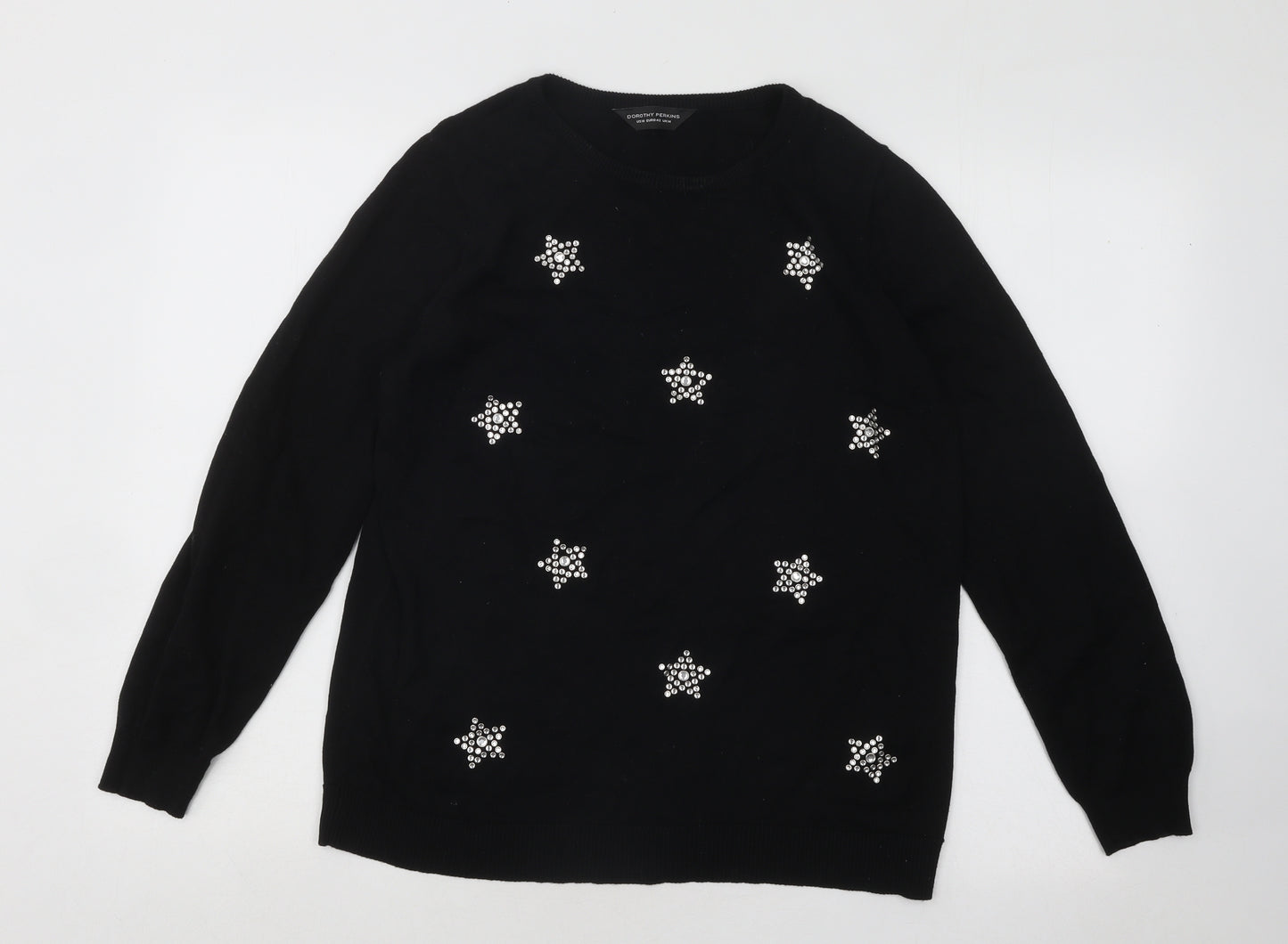 Dorothy Perkins Womens Black Round Neck Geometric Cotton Pullover Jumper Size 14 - Stars