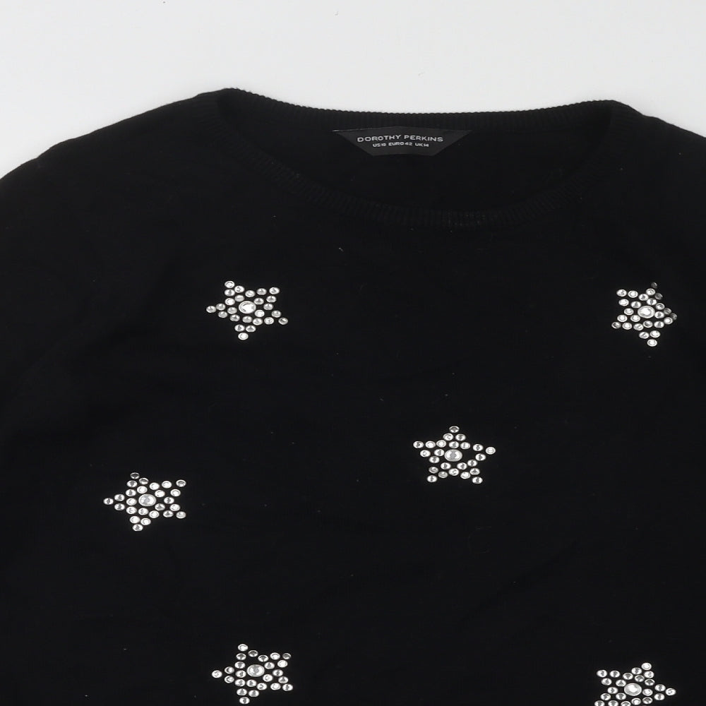 Dorothy Perkins Womens Black Round Neck Geometric Cotton Pullover Jumper Size 14 - Stars