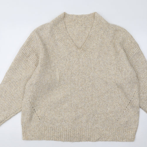 Marks and Spencer Mens Beige V-Neck Acrylic Pullover Jumper Size XL