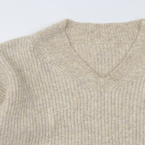 Marks and Spencer Mens Beige V-Neck Acrylic Pullover Jumper Size XL