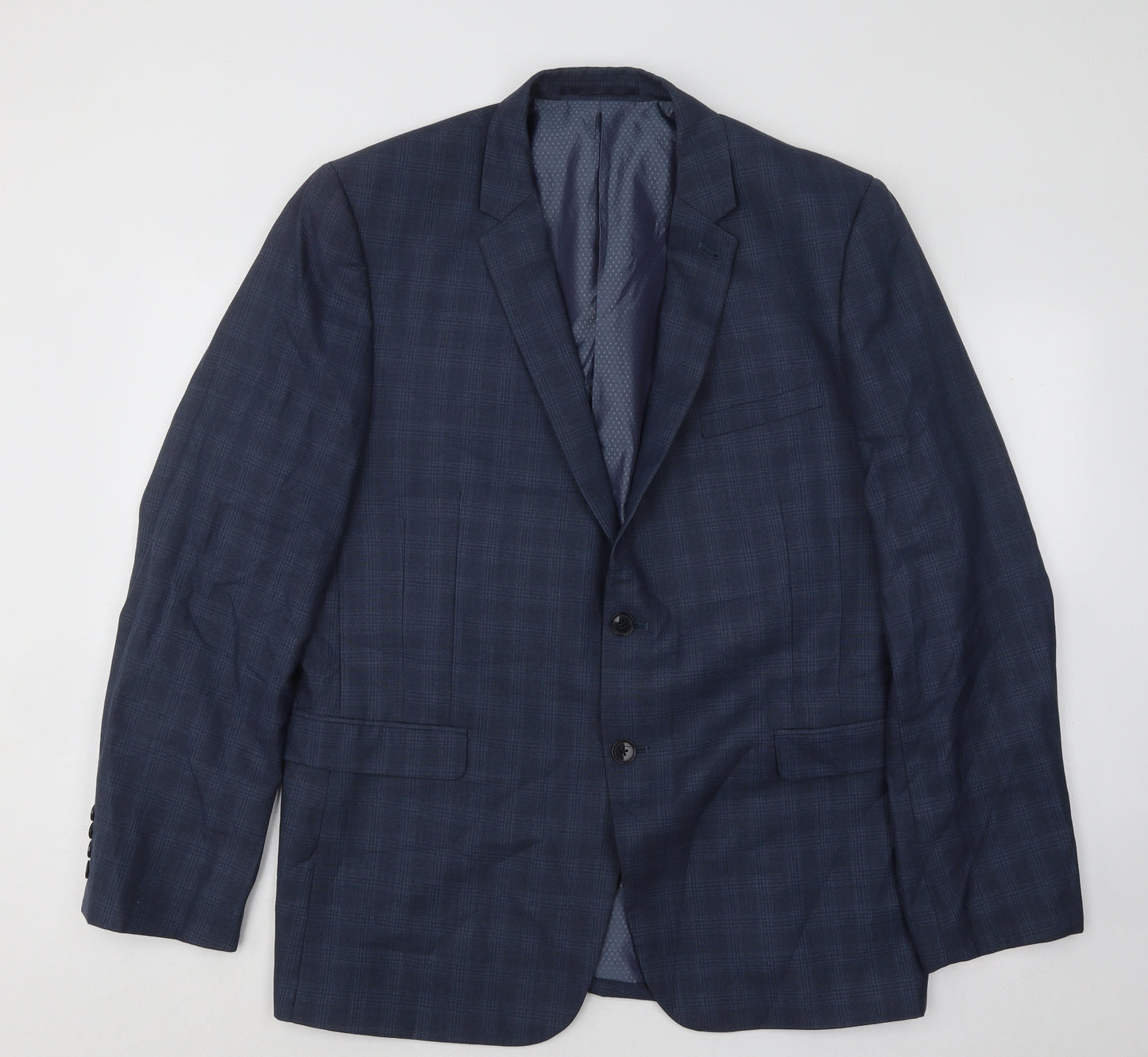 Fellini Mens Blue Plaid Polyester Jacket Suit Jacket Size 44