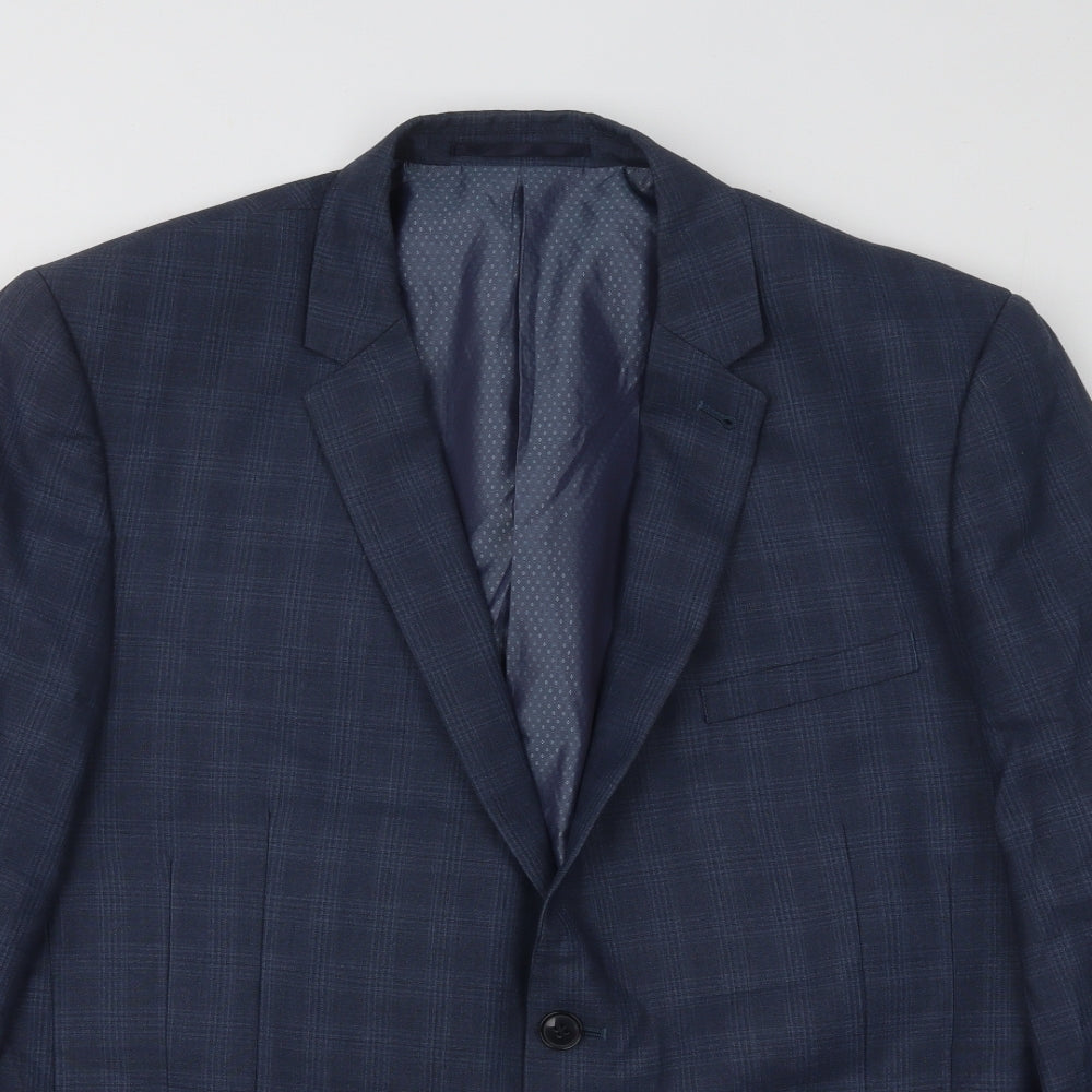Fellini Mens Blue Plaid Polyester Jacket Suit Jacket Size 44