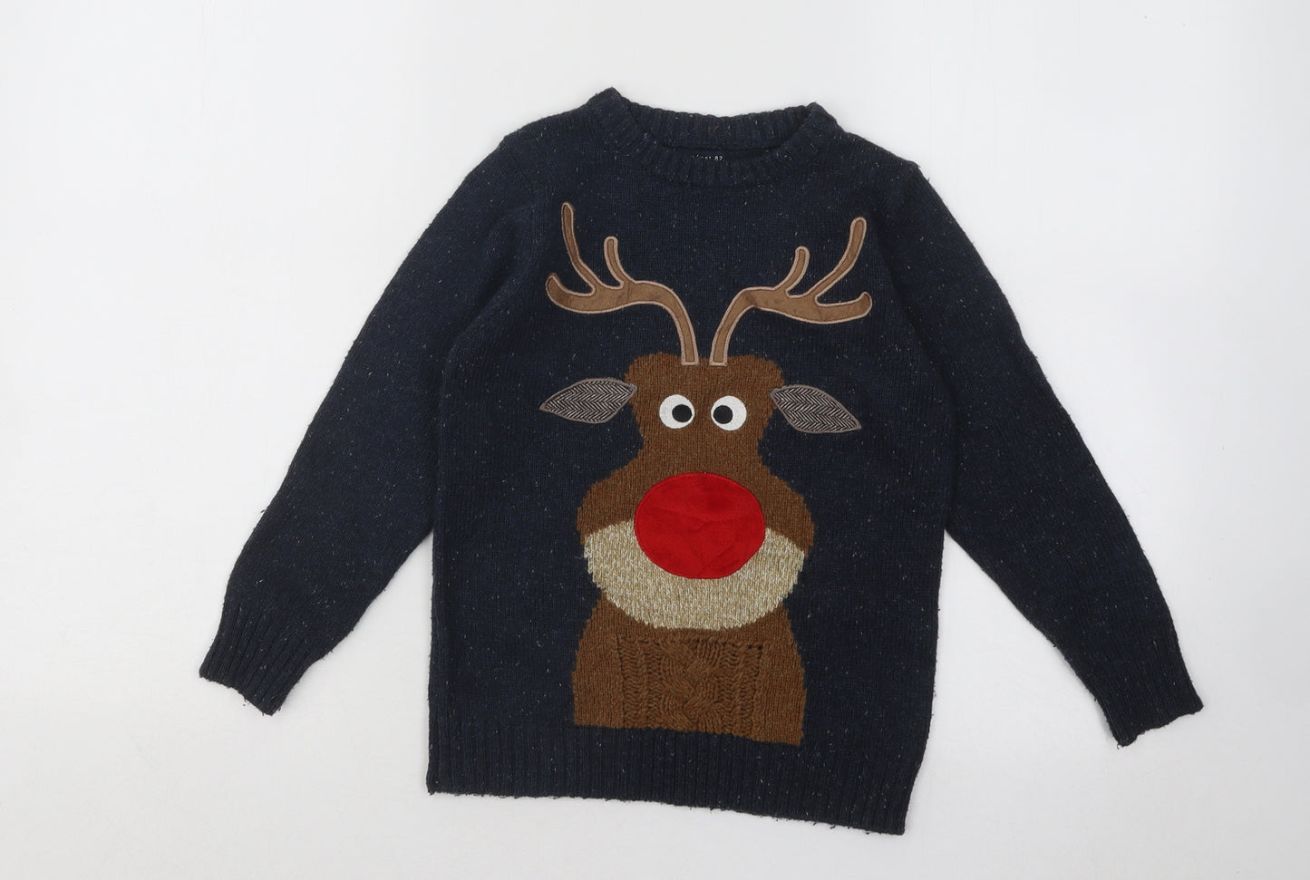 NEXT Boys Blue Round Neck Acrylic Pullover Jumper Size 6 Years Pullover - Christmas Reindeer