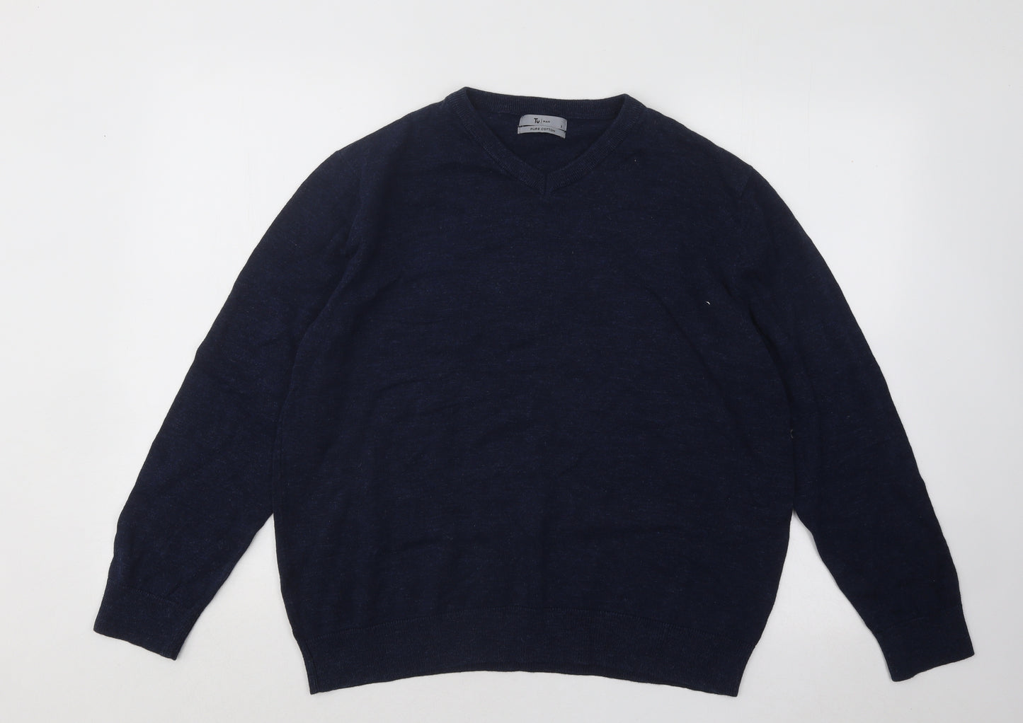 TU Mens Blue V-Neck Cotton Pullover Jumper Size L