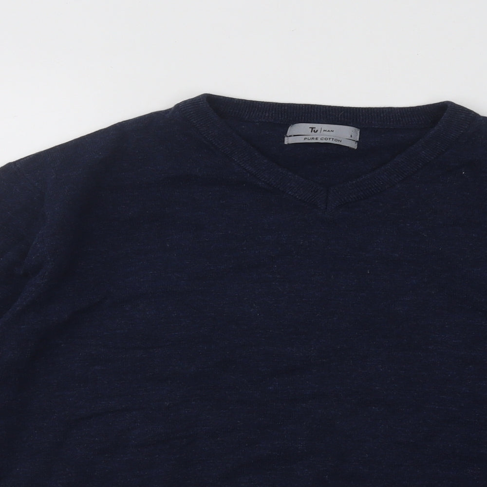 TU Mens Blue V-Neck Cotton Pullover Jumper Size L