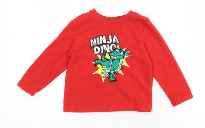 Primark Boys Red Polyester Basic T-Shirt Size 18-24 Months Round Neck Pullover - Ninja Dino