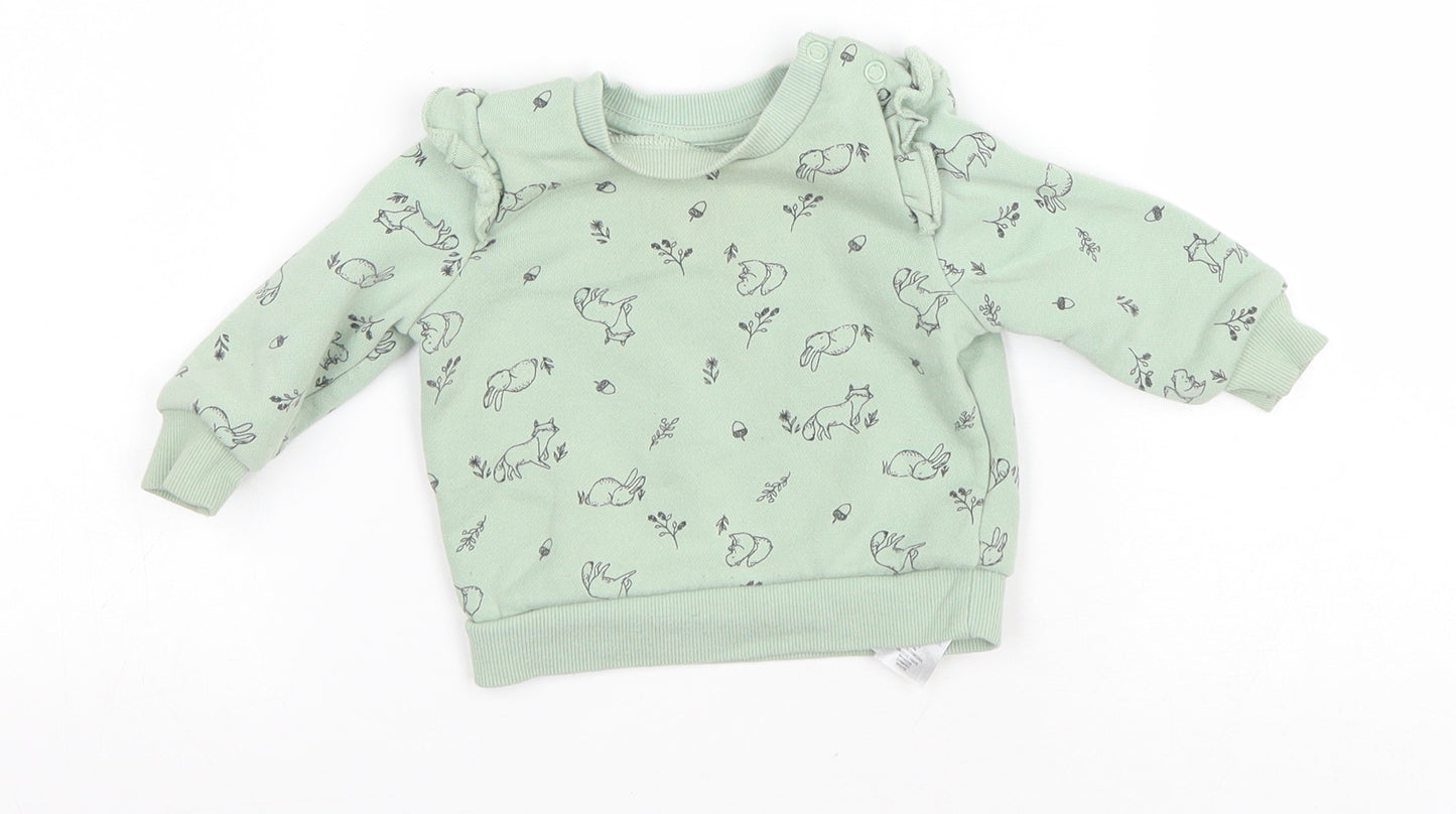 Primark Baby Green Geometric Cotton Basic T-Shirt Size 36 Months Round Neck Snap - Squirrel
