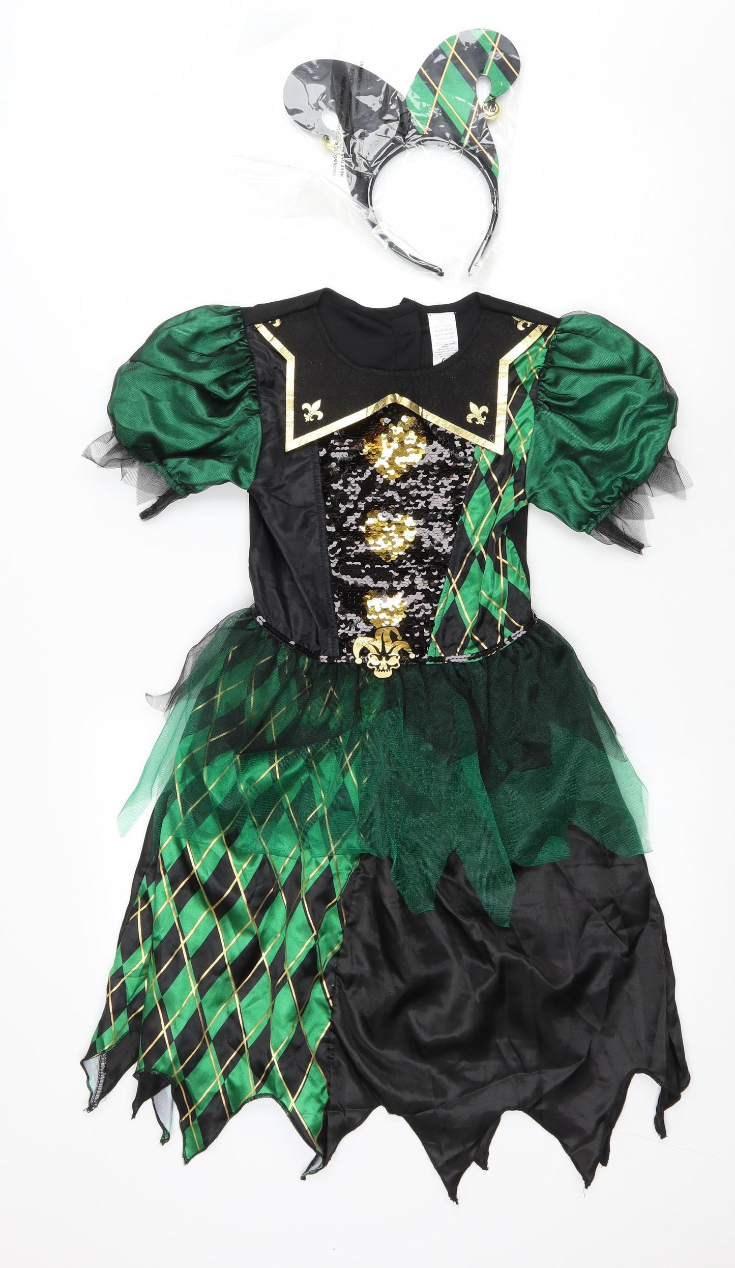 Morrisons Girls Green Polyacrylate Fibre Fit & Flare Size 9-10 Years Scoop Neck Hook & Loop - Jester Costume
