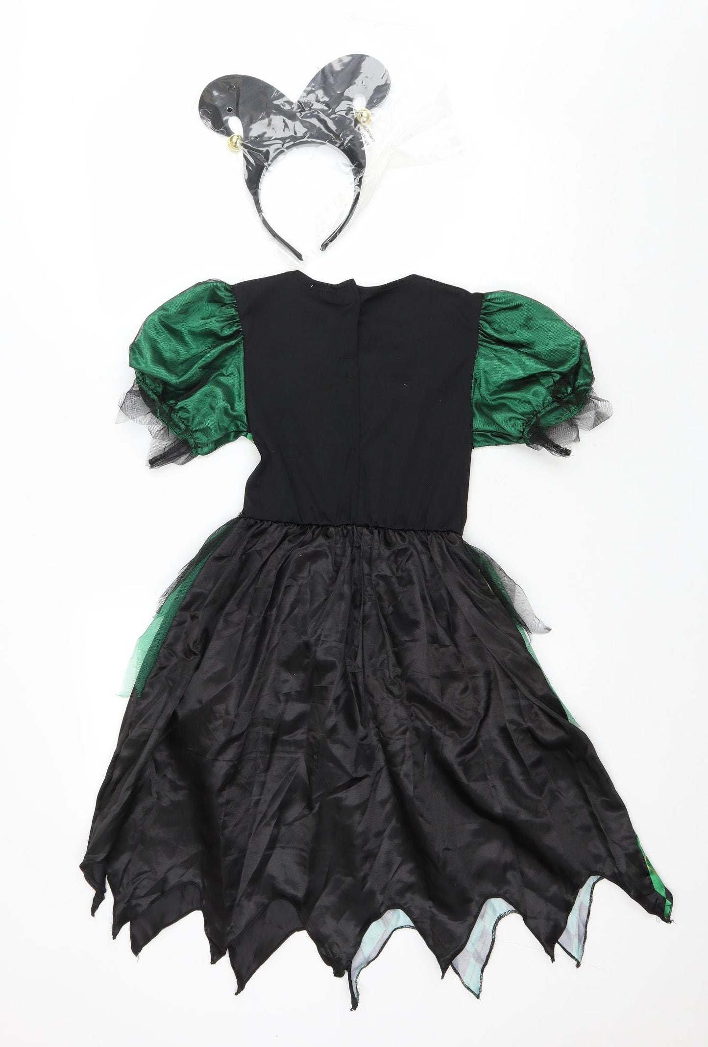 Morrisons Girls Green Polyacrylate Fibre Fit & Flare Size 9-10 Years Scoop Neck Hook & Loop - Jester Costume