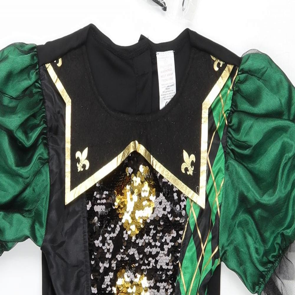 Morrisons Girls Green Polyacrylate Fibre Fit & Flare Size 9-10 Years Scoop Neck Hook & Loop - Jester Costume
