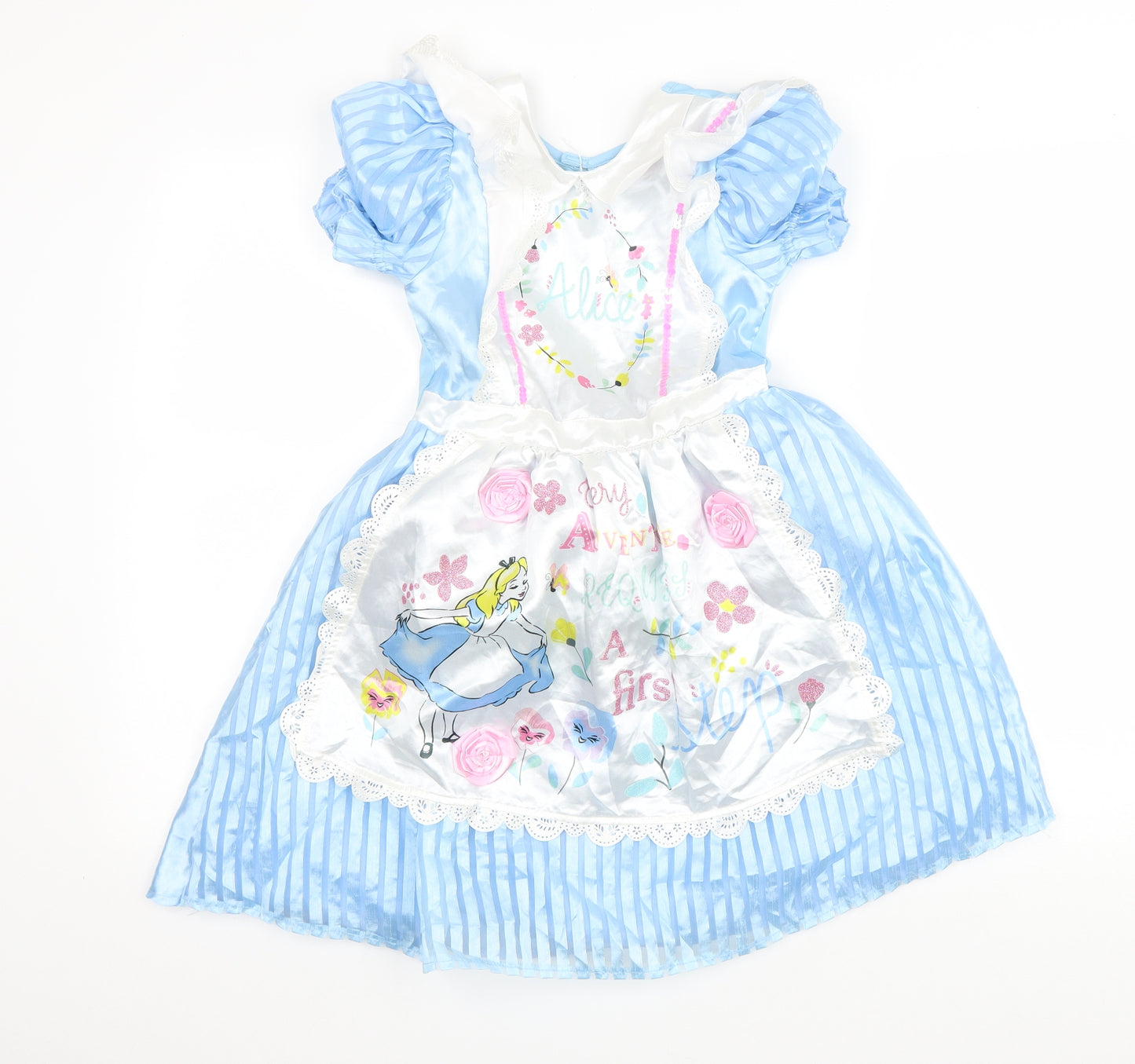 TU Girls Blue Striped Polyester Fit & Flare Size 7-8 Years Round Neck Hook & Loop - Alice In The Wonderland Fancy dress