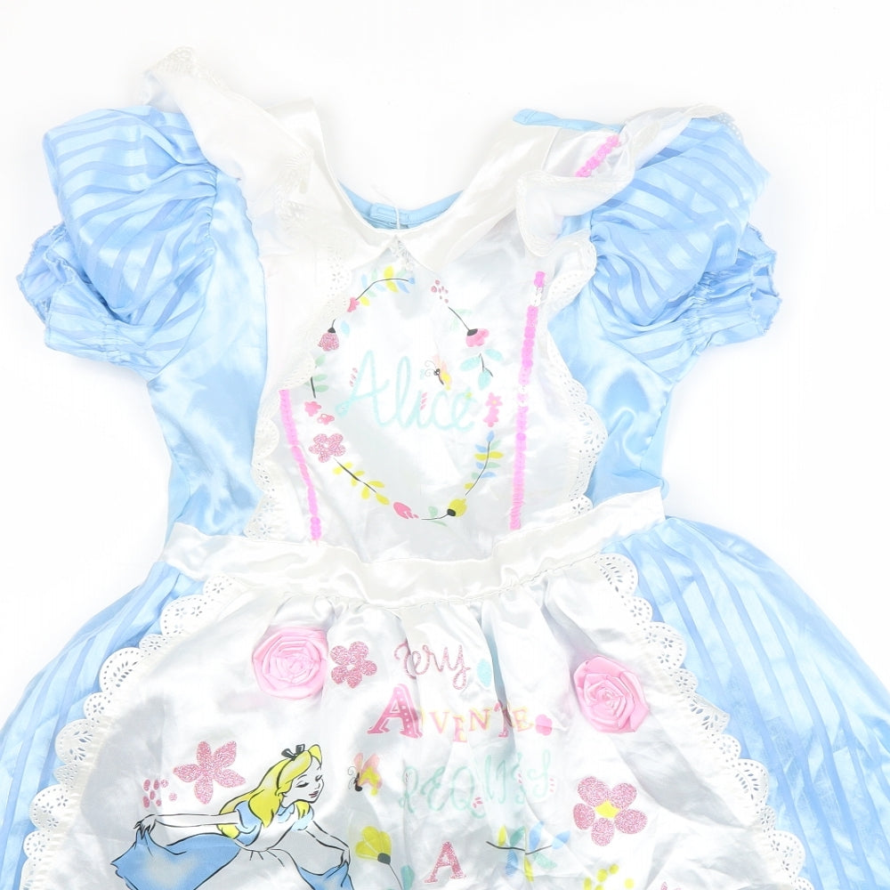TU Girls Blue Striped Polyester Fit & Flare Size 7-8 Years Round Neck Hook & Loop - Alice In The Wonderland Fancy dress