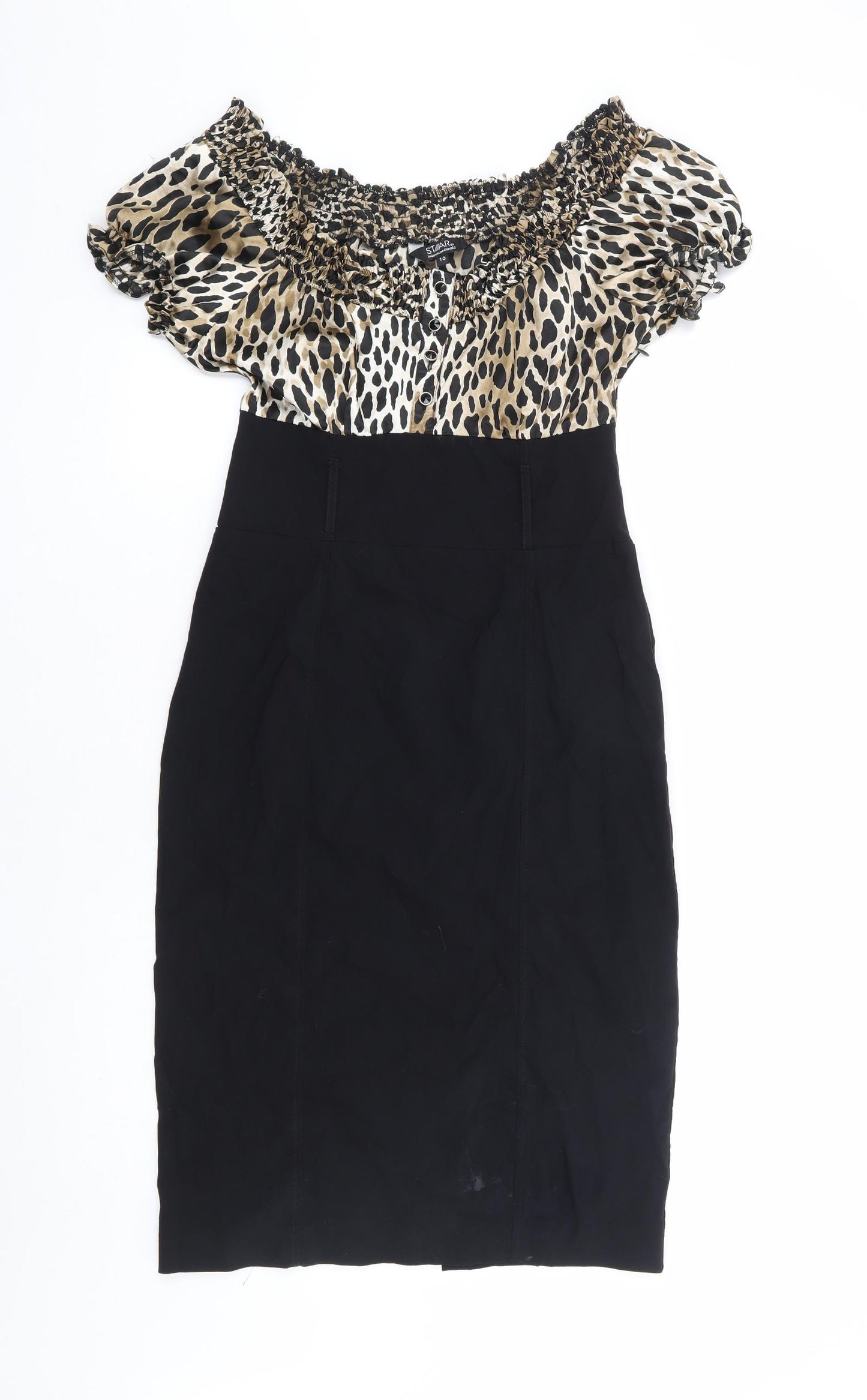 Star by Julian MacDonald Womens Black Animal Print Viscose Pencil Dress Size 10 Off the Shoulder Zip - Wiggle Dress