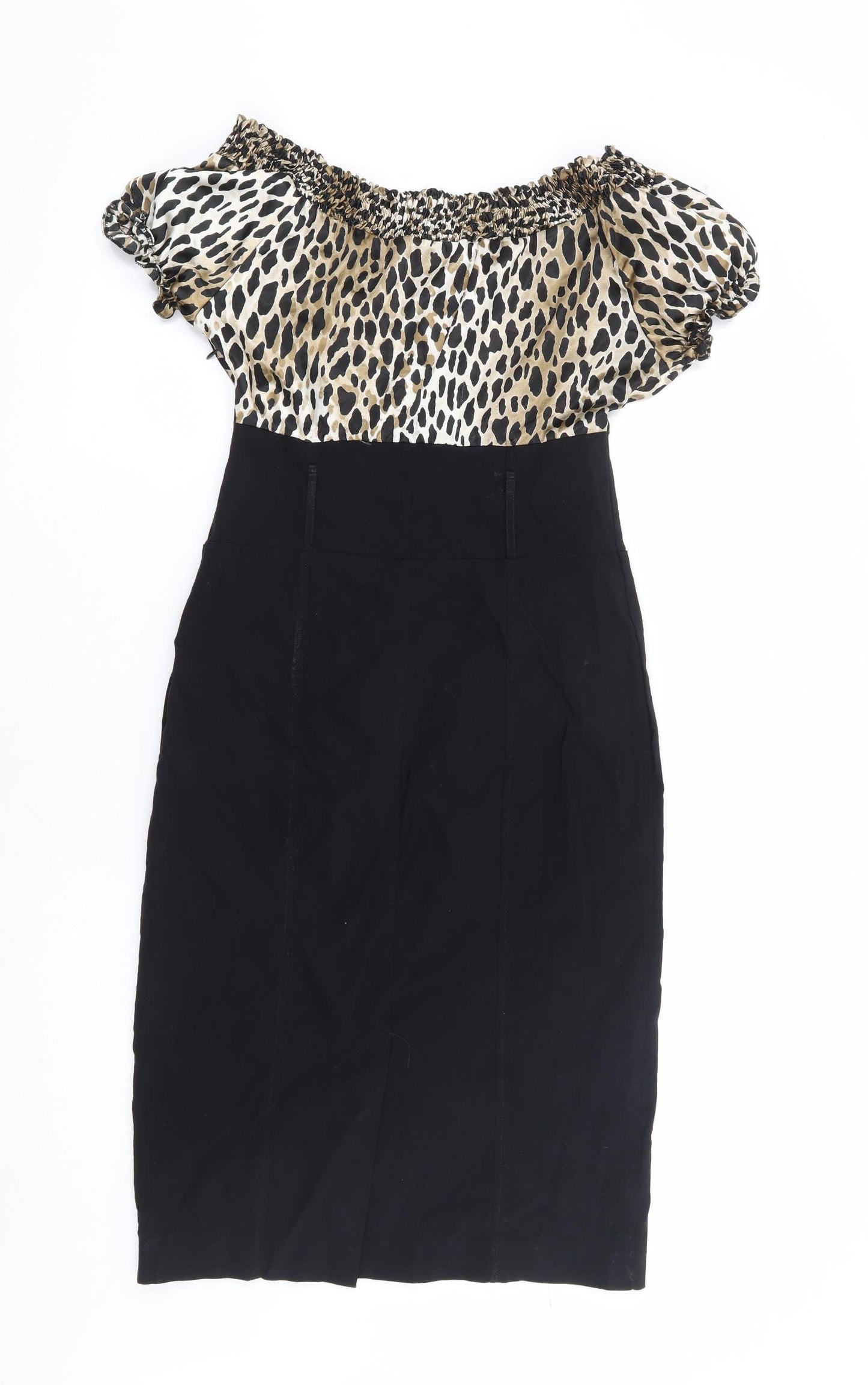 Star by Julian MacDonald Womens Black Animal Print Viscose Pencil Dress Size 10 Off the Shoulder Zip - Wiggle Dress