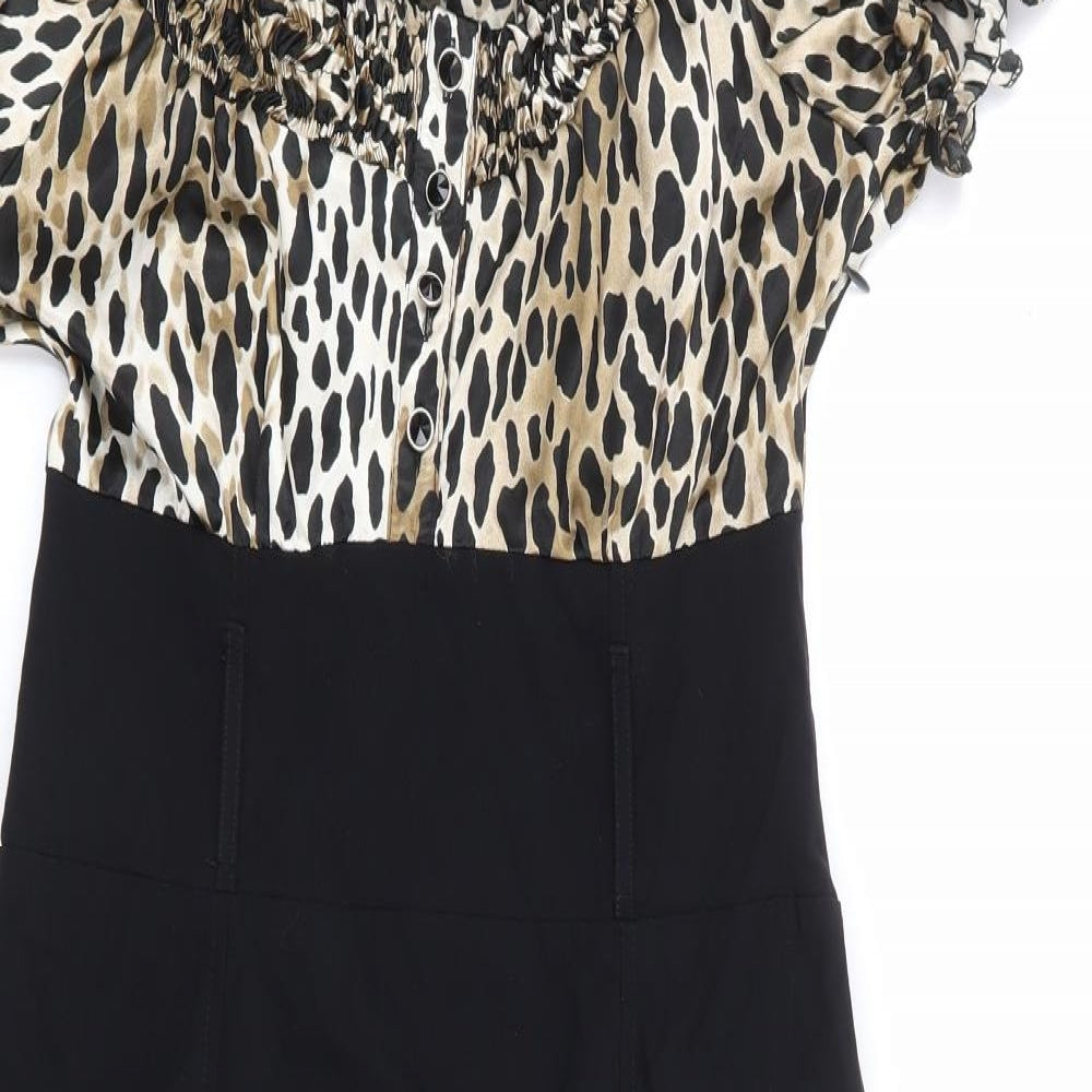 Star by Julian MacDonald Womens Black Animal Print Viscose Pencil Dress Size 10 Off the Shoulder Zip - Wiggle Dress