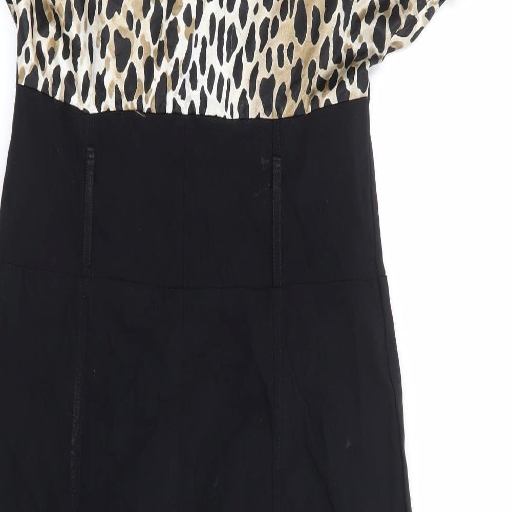 Star by Julian MacDonald Womens Black Animal Print Viscose Pencil Dress Size 10 Off the Shoulder Zip - Wiggle Dress