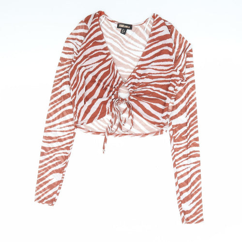 Pink Vanilla Womens Brown Animal Print Polyester Cropped T-Shirt Size 8 V-Neck - Tiger Print Cut Out