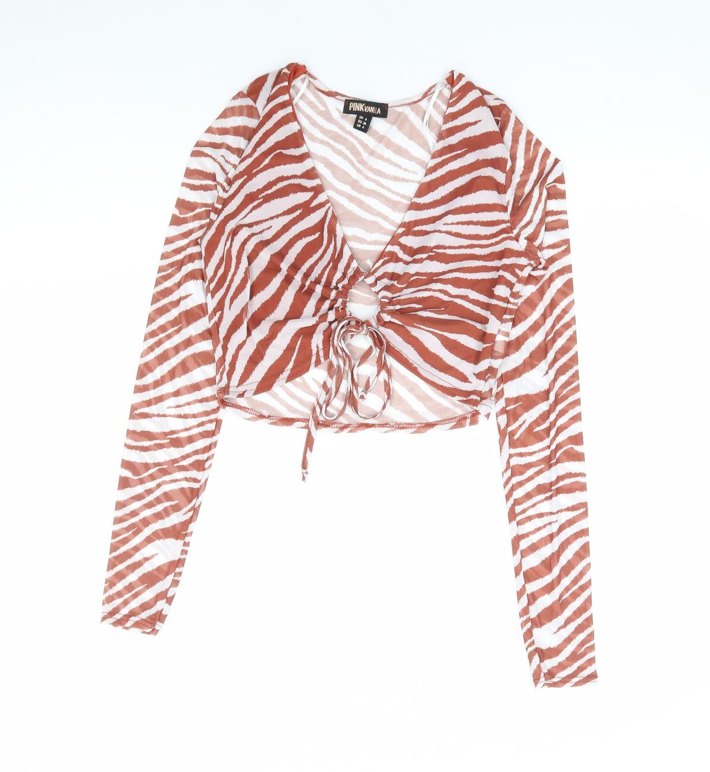 Pink Vanilla Womens Brown Animal Print Polyester Cropped T-Shirt Size 8 V-Neck - Tiger Print Cut Out
