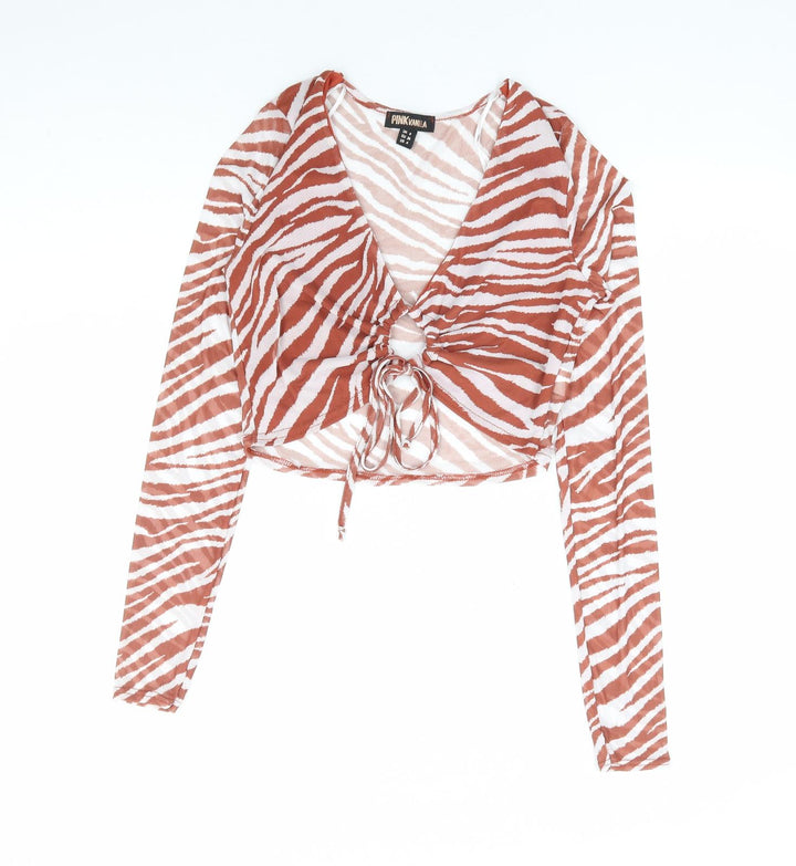 Pink Vanilla Womens Brown Animal Print Polyester Cropped T-Shirt Size 8 V-Neck - Tiger Print Cut Out