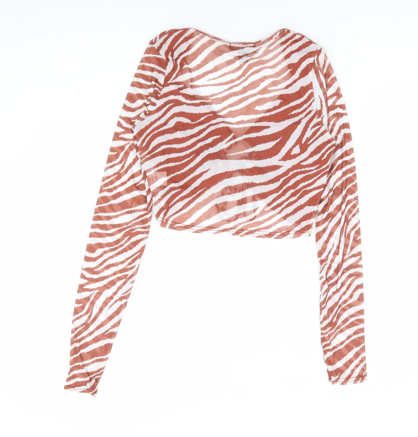 Pink Vanilla Womens Brown Animal Print Polyester Cropped T-Shirt Size 8 V-Neck - Tiger Print Cut Out
